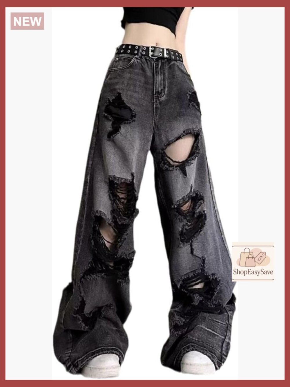 Y2K Ripped Baggy Jeans Grunge Emo Goth High Waist Wide Leg Straight Leg Pants